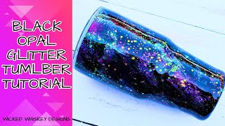 Black Opal Glitter Tumbler Tutorial : how to w/ glitter, chameleon flakes, epoxy, black ink pigment.