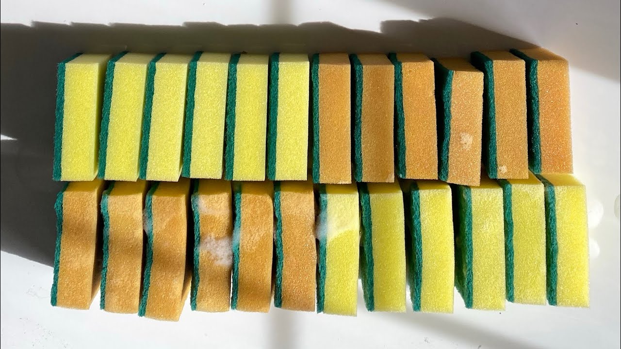 ASMR x24 bulk kitchen sponge ripping variety - dry + soapy foam - 5000 subs celebration 🎉