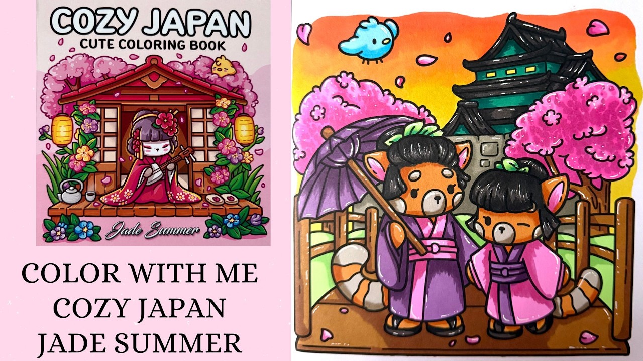ASMR 🌸 Cozy Japan by Jade Summer 🌸 Cozy Colour with me 🌸 Tutorial 🌸 Ohuhu alcohol markers 🌸Family