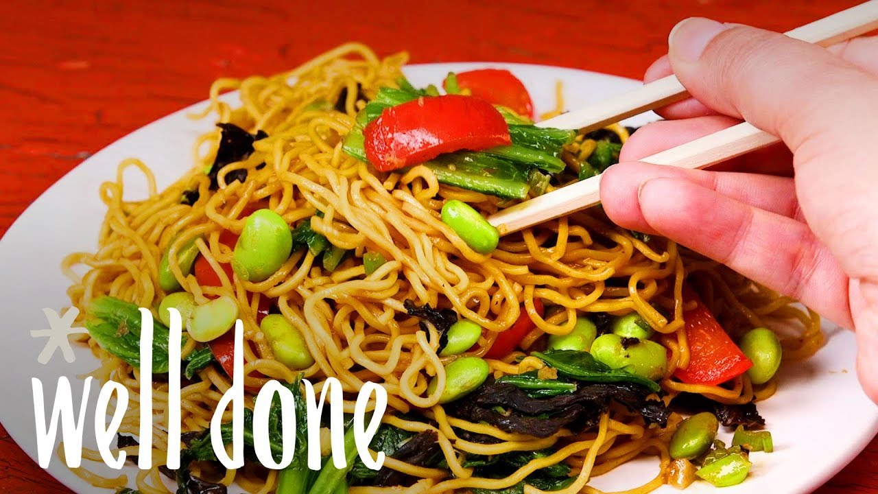 How To Make Vegetable Lo Mein With Edamame And Mustard Greens Recipe