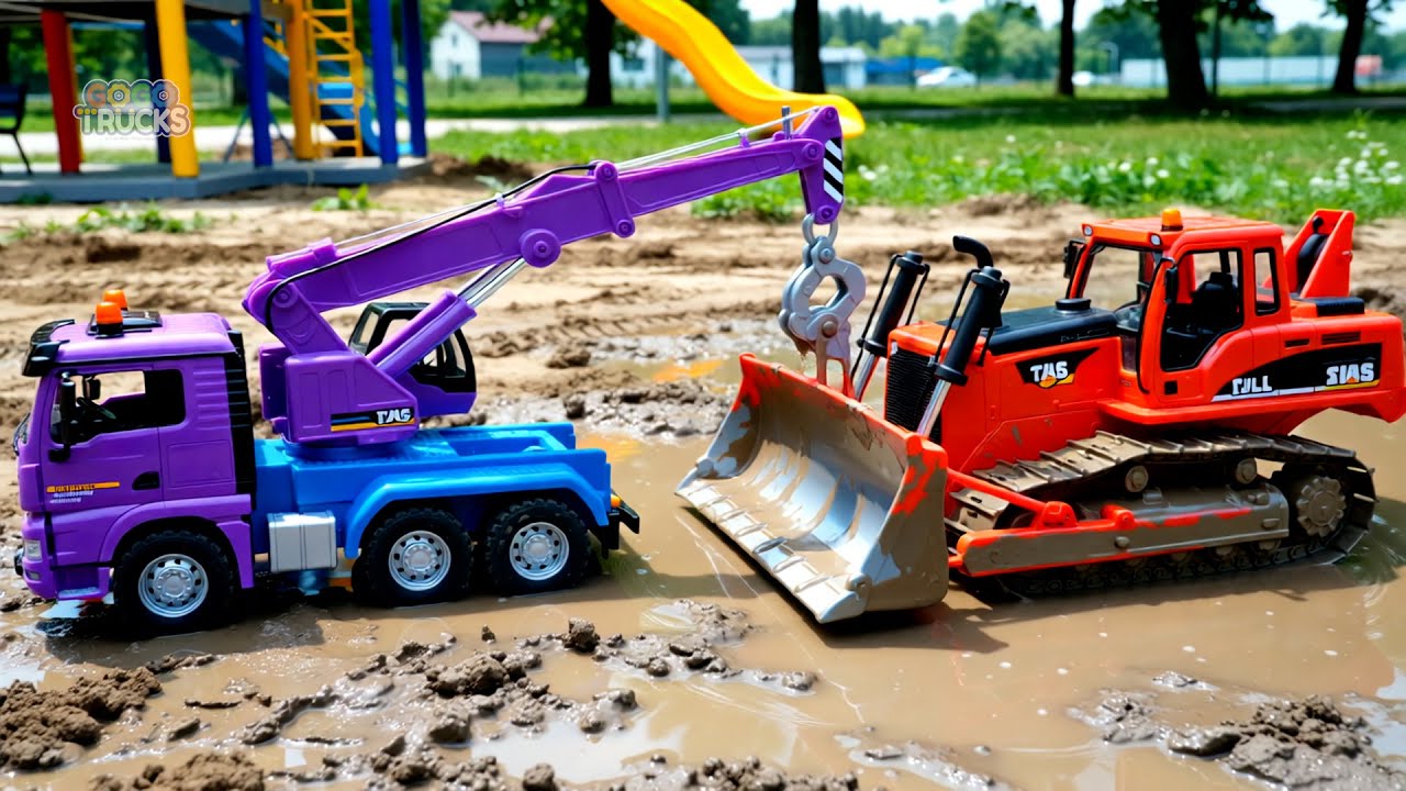 Экскаватор и грузовики застряли в грязи! 🚜💦 Спасательная операция с автокраном | Игрушечные машин...