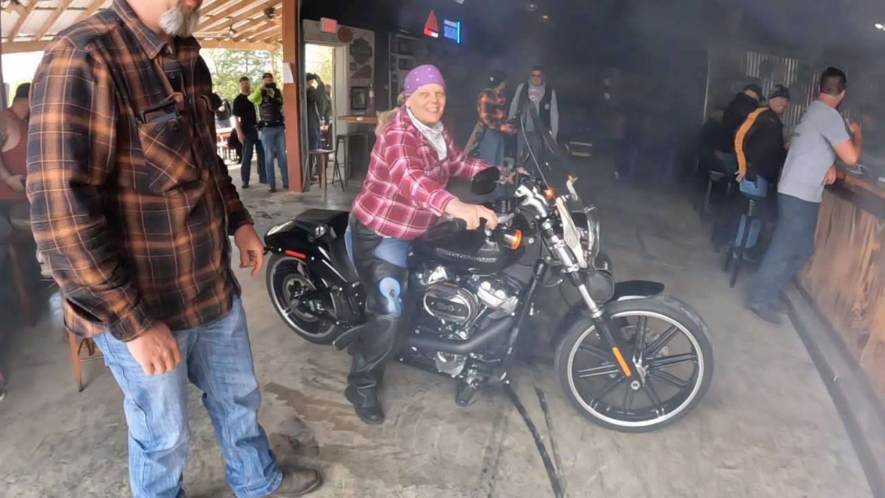 SMOKE WAS ROLLING OUT OF THE SWITCHBACK BAR ON DAY 2 SPRING FLING HARLEY DAVIDSON BURNOUTS