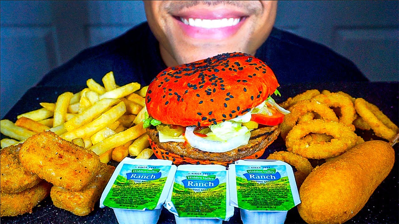ASMR BURGER KING IMPOSSIBLE WHOPPER CHICKEN NUGGETS CORN DOG FRIES ONION RINGS RANCH EATING JERRY