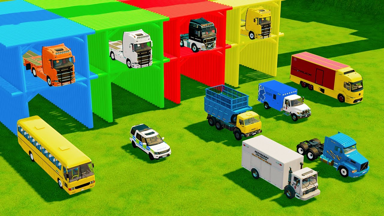 TRANSPORTING BUS, POLICE CARS, DUMP TRUCK, BOX TRUCK, FIRE TRUCK WITH SCANIA TRUCK - FS22