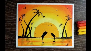 Dolphin Sunset Scenery Drawing With Oil Pastel For Beginners | Easy Sunset Drawing | Draw by H.A.