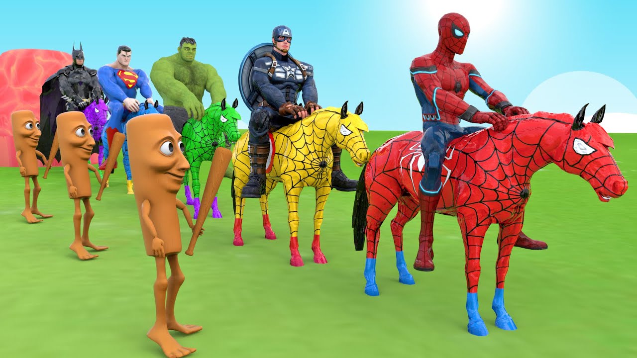 Red Horse Spiderman Crossing On Rainbow Spiders Bridge With Horse Vs Spider Shark Rescue Animal Game