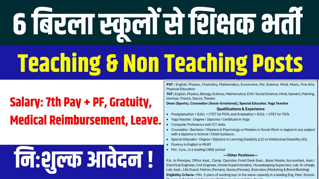 Birla School Vacancy 2026 | 6 Birla Schools New Teacher Vacancy Notice | TGT, PGT & Others | No Fee