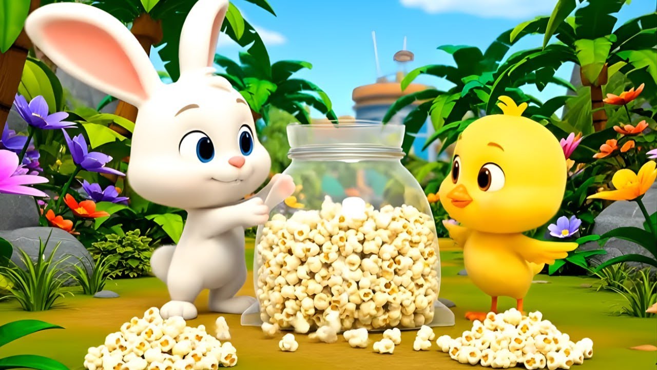 Popcorn Party: A Brave Bunny and Cheerful Chick Find a Giant Jar of Treats in the Jungle