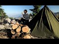 Bushcraft solo on the mountain, canvas tent, foraging, drying, cooking mushrooms...