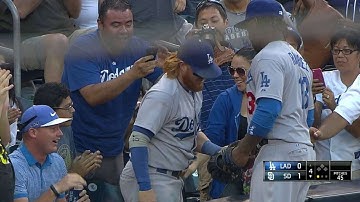 Turner falls into stands, makes the catch