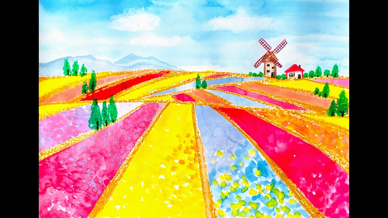 小学校一年生でも簡単に描けて楽しい！花畑の風景 - YouTube