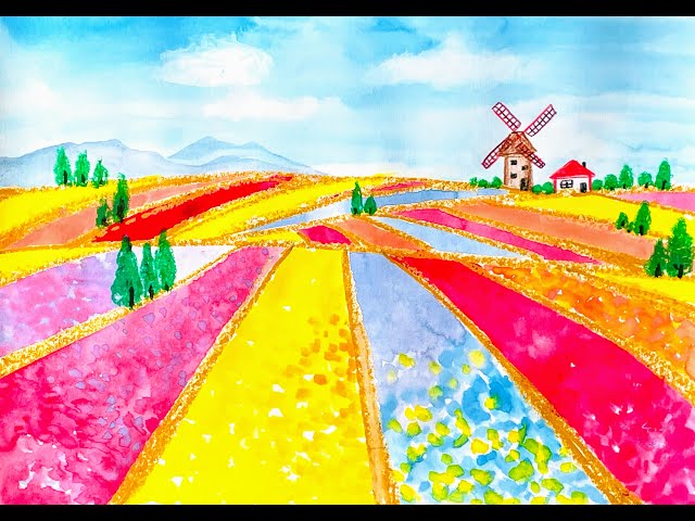 小学校一年生でも簡単に描けて楽しい！花畑の風景 - YouTube