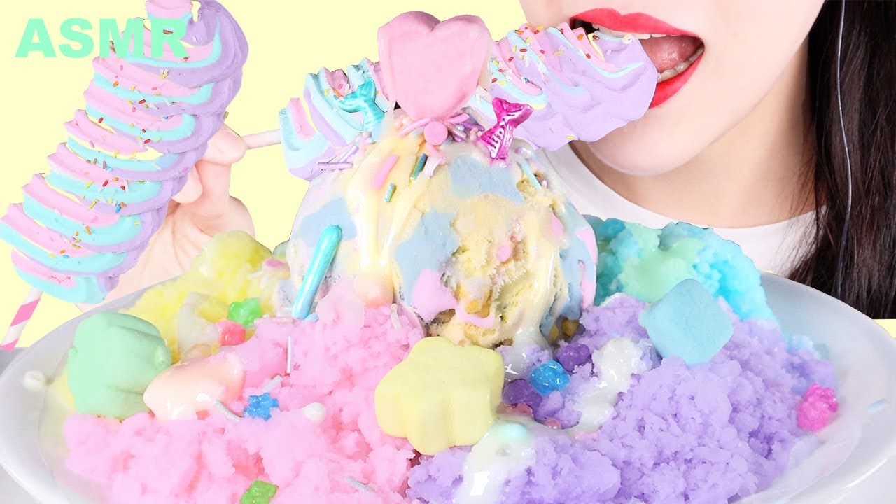 ASMR RECIPE *UNICORN SHAVED ICE 유니콘 빙수 만들기 먹방, 유니콘 머랭쿠키, 마시멜로우, 솜사탕, 팝핑캔디, UNICORN ICE CREAM MUKBANG
