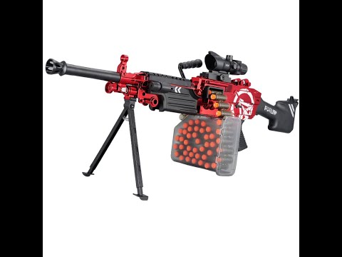 Кулемет акумуляторний, дитячий автомат для стрільби м'якими кулями, M249 червоно-чорний, видео 1
