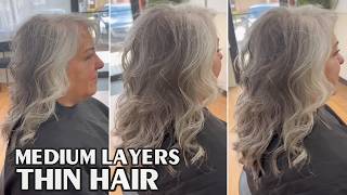 Elegant Volume Medium Layered Haircut for Grey &amp; Fine Hair | Soft Curly Medium with Added Volume