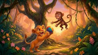 Bright Jungle Environment In a whimsical animation style a young lion cub IZfHZa94 2