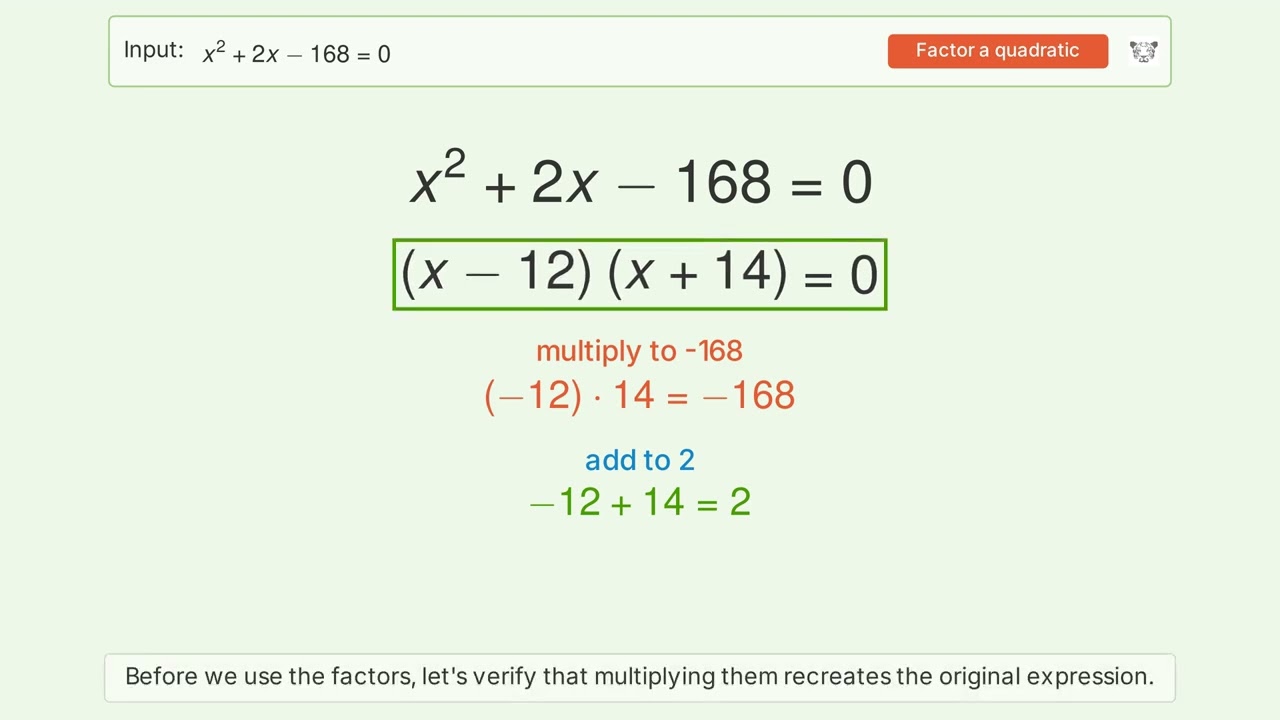 Solving x^2+2x-168=0 by Factoring: Step-by-Step Video Solution