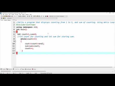 Write a C++ Program that displays counting from 1 to 5, and the sum of counting using while loop.