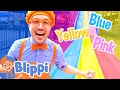 Blippi Plays on the Rainbow Color Slide and Rides Roller Coasters! | Blippi - Learn Colors &amp; Science