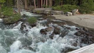 Above Nevada Falls water-drop-off with rapids & decent stream flow rates from Little Yosemite Valley