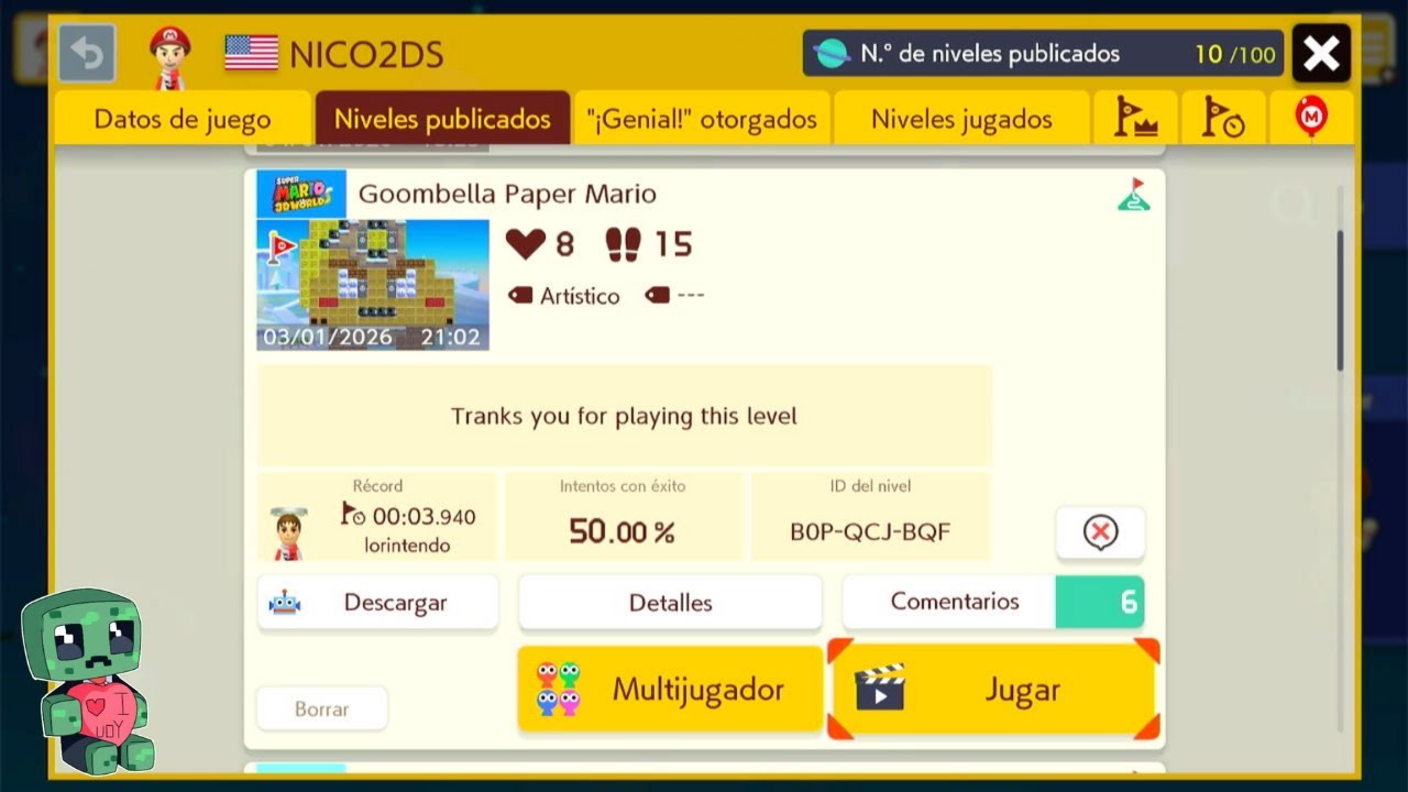 Goombella (Paper Mario) | ID del nivel: BOP-QCJ-BQF | Super Mario Maker 2