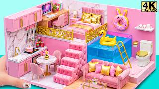 Make Adorable Pink Simple House with Bedroom and Large Pool from Cardboard ❤️ | DIY Miniature House