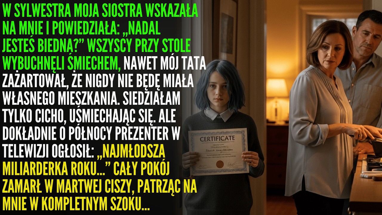 W sylwestra, przy świątecznym stole pełnym rodziny, moja siostra wskazała na mnie palcem i z uśmiechem powiedziała: „Nadal jesteś biedna." Ojciec uniósł szklankę, a po śmiechu wokół stołu dodał,...