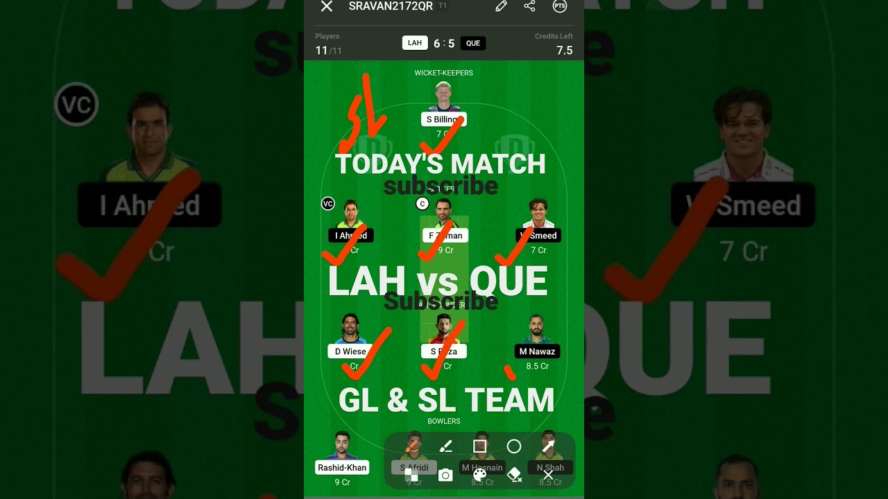 LAH vs QUE Dream11 Team | LAH vs QUE Dream11 Prediction