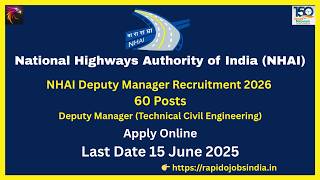 🚨 NHAI Deputy Manager (Technical) Civil Engineering Jobs 2026 – Apply Online Now! #job #applyonline