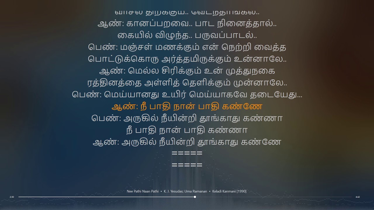 Nee Pathi Naan Pathi  Keladi Kanmani  Ilaiyaraaja  synchronized Tamil lyrics song