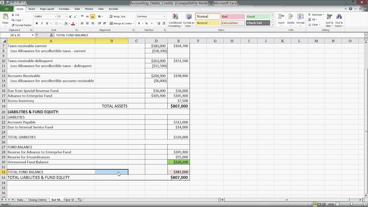 MS Excel: Accounting Basics - Debits/Credits, Equation, Example Files