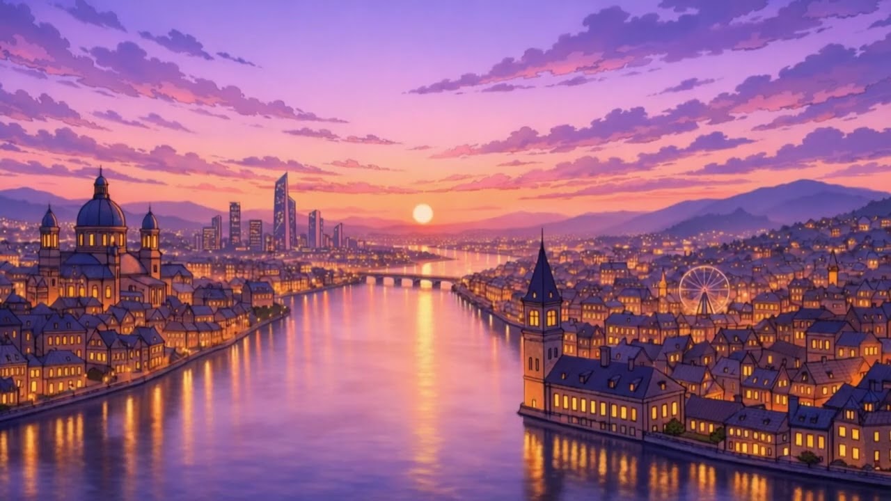 Relaxing Sunset Music 🌆 Purple Sky Cityscape | Calm Evening Ambience