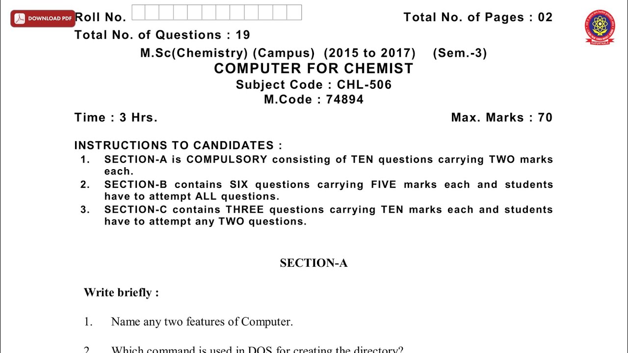 MSC CHEMISTRY PIT 3RD SEM COMPUTER FOR CHEMIST MAY 2019 | PTU - YouTube