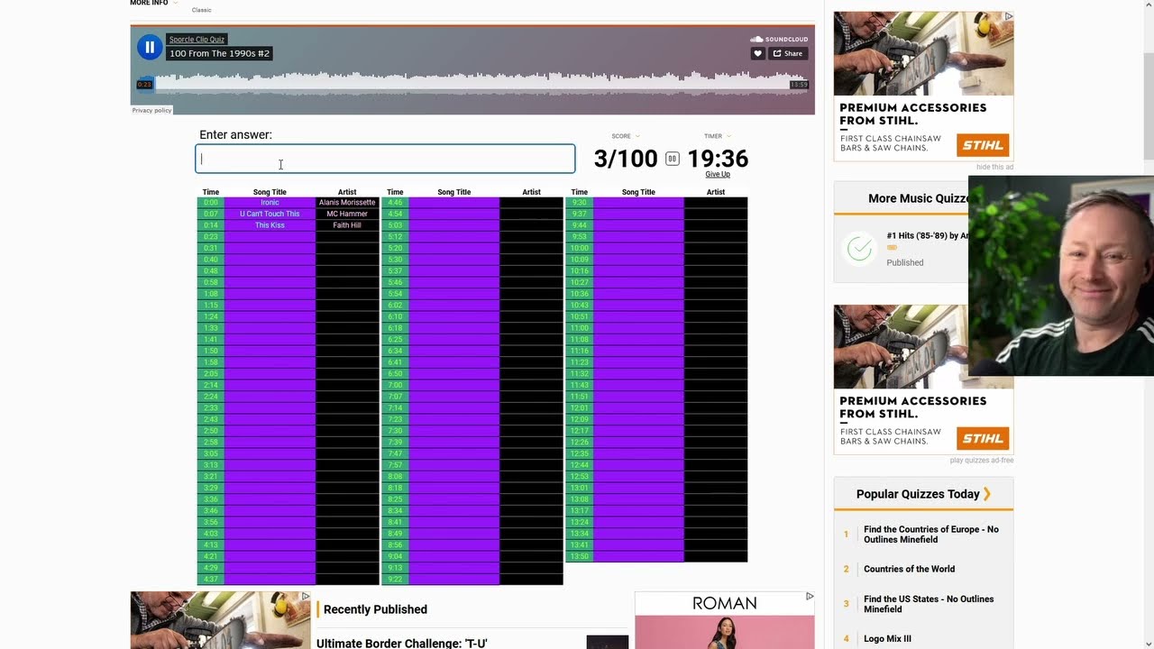 Limmy attempts the 100 Songs from the 90s Vol. 2 quiz on Sporcle [2022