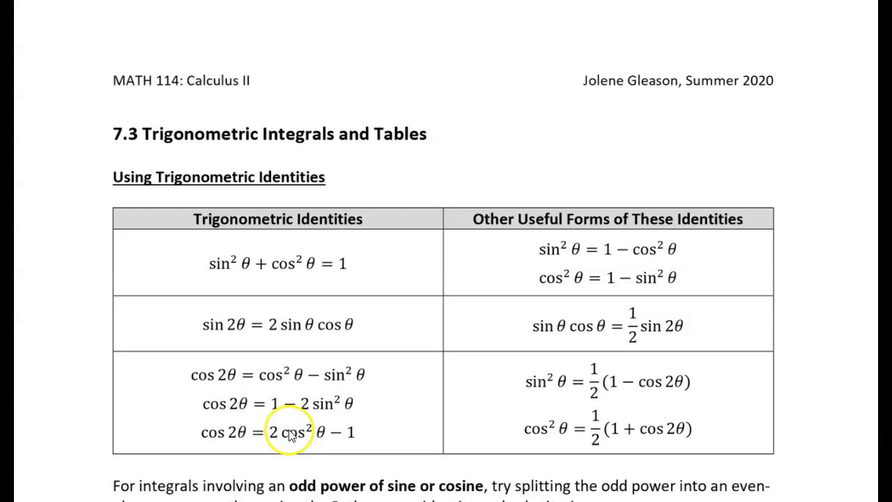 7.3 Trigonometric Integrals and Tables Example 1 YouTube