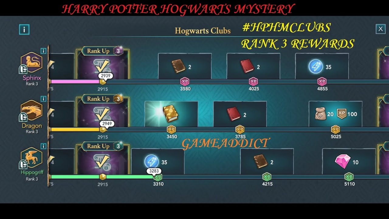 HARRY POTTER HOGWARTS MYSTERY– HPHM CLUBHOUSES Rank 3