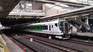 E257系5500番台OM-52編成が特急藤の花ライトアップ号足利行きとして大宮駅11番線に発車するシーン