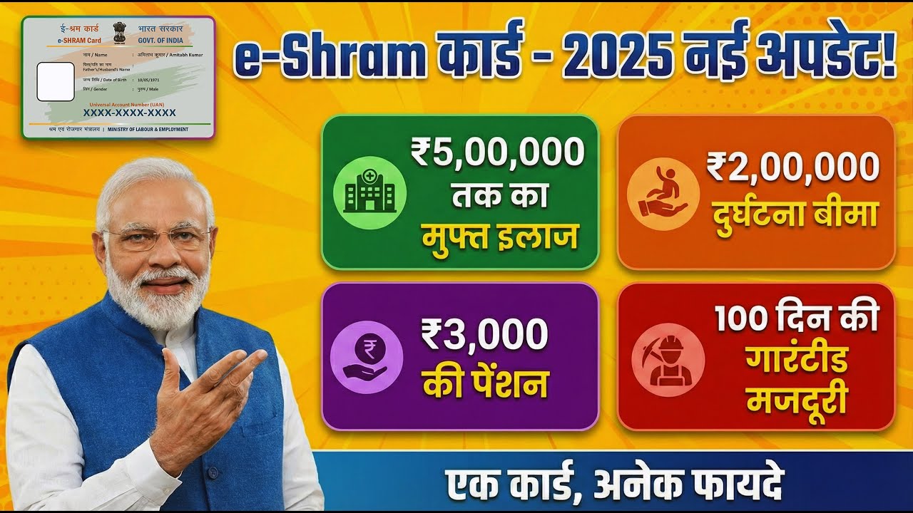 e-Shram Card | ₹5 लाख इलाज Health Insurance | ₹2 लाख Life Insurance | ₹3000 Pension | Govt Loan