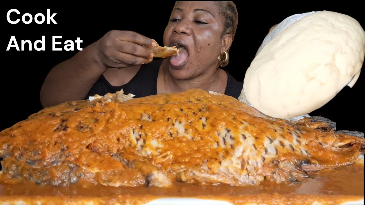 African food Mukbang Cook and eat with me Tilapia fish pepper and fufu ( ASMR fufu mukbang)