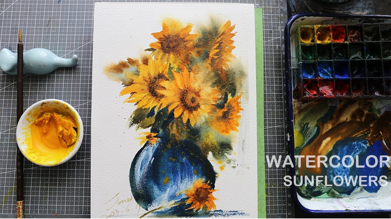 How To Paint Sunflowers In A Vase With Watercolors . - YouTube