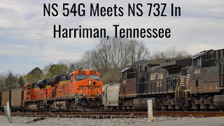 NS 54G Meets A NS 73Z With BNSF Power In Harriman, Tennessee!