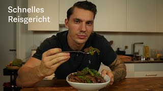 Schnelles Reisgericht mit Steak und Brokkoli