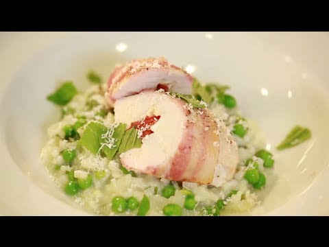 Bacon-wrapped stuffed chicken with pea and mint risotto - Rob Morris and The Co-operative