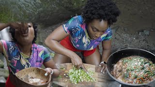 Outdoor Cooking Okra Soup with Fufu | Jamaican Tries African Food