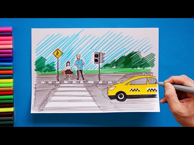 Continuous one line drawing of primary school students crossing the road on  the zebra crossing are helped by traffic police holding stop signs. Single  line draw design vector graphic illustration.:: tasmeemME.com