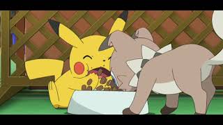Pickachu And Rockruff Eating Cute