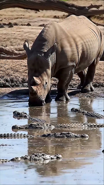 Rhino Drinks Water… But It's Full of Crocodiles!