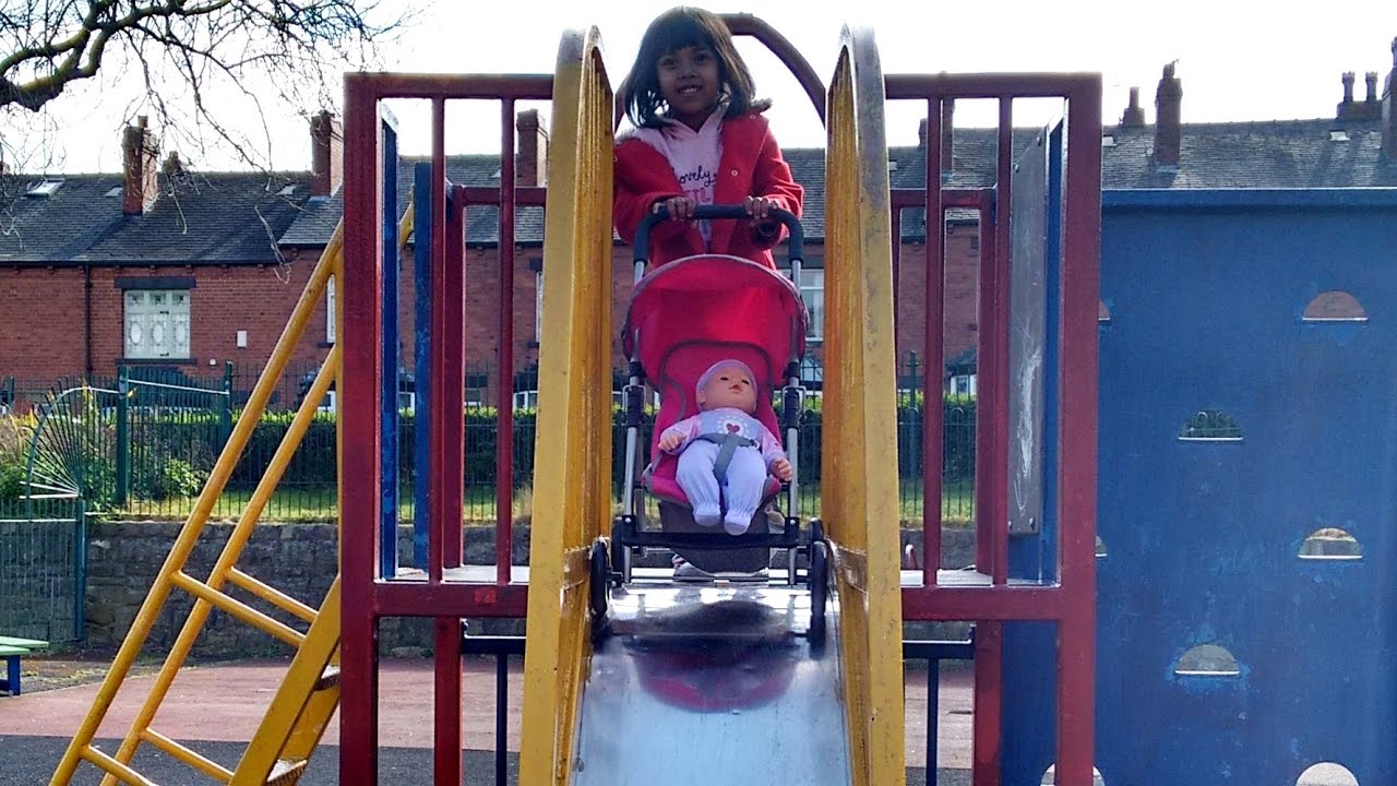 girls like you Little Girl Pushing DOLL and Pram Down HUGE SLIDE ACCIDENT FAIL!! PINK Silver Cross Park Playtime