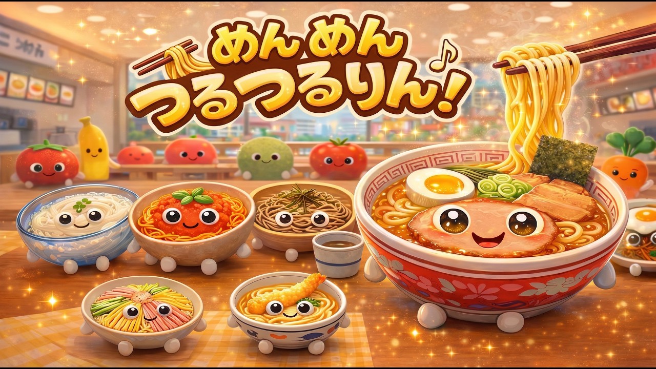 めんめんつるつるりん♪|ラーメン・うどん・そば!いろんな麺が大集合!|食べものソング|AI動画