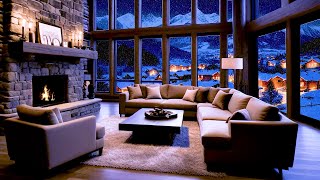 Relaxing Winter Cabin Experience, Fireplace Crackles and Snowfall Serenity